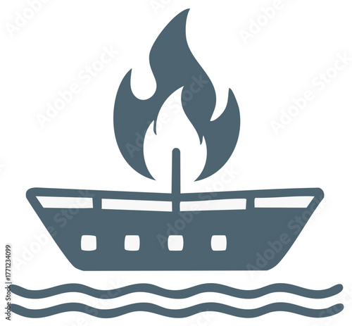 Minimalist graphic icon featuring a burning boat on water concept