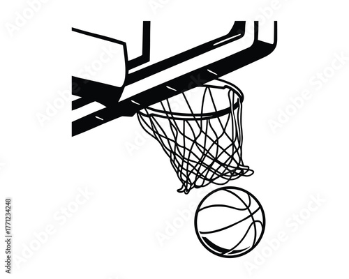 Basketball hoop with net and ball vector illustration in black and white