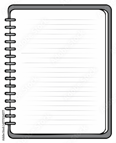 Simple illustration of a blank open spiral notebook with ruled white pages