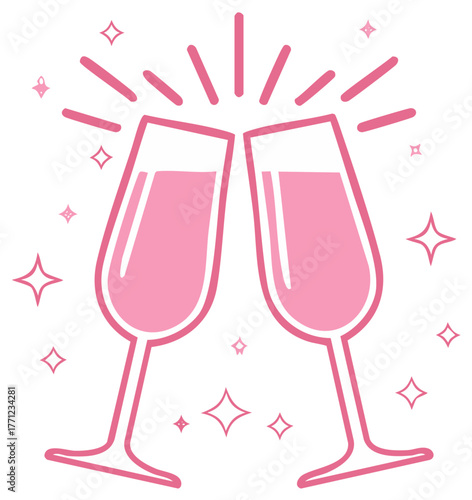 Two elegant pink champagne flutes clinking together in a celebratory toast with bright sparkling lines