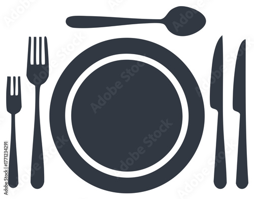 Place setting with plate fork spoon and knife for a meal or restaurant service