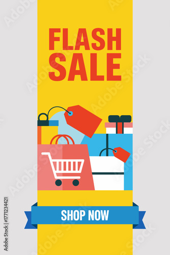 Flash sale banner with shopping cart and gifts on yellow background, sale vertical banner