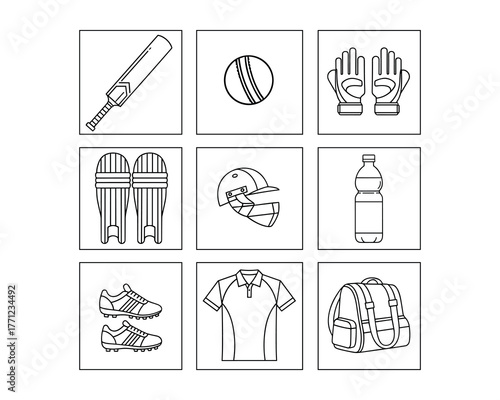 Cricket Sport Gear Outline Vector Icons Set in Black and White
