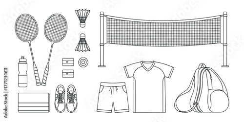 Outline Badminton Sport Equipment Set Vector Illustration