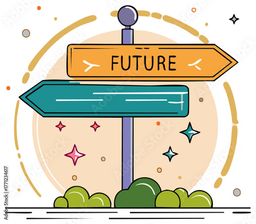Colorful direction signpost with arrow pointing forward to future, symbolizing choice of paths, destiny, and opportunities