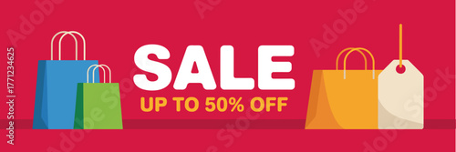 Sale banner with shopping bags and tag on red background for discounts