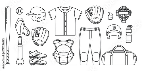 Outline Baseball Equipment Vector Set: Bat, Ball, Helmet, Gloves