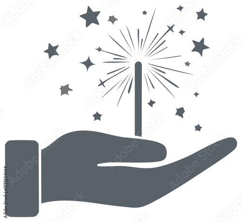Hand holding magic wand spreading star dust and sparks, abstract flat design icon, fantasy