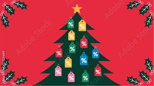 Christmas tree with sale tags on red background for holiday shopping