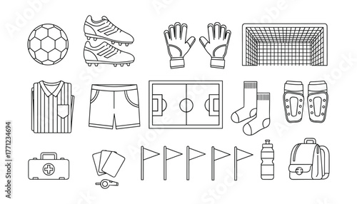 Outline Icons Set: Soccer Equipment, Accessories and Training Gear