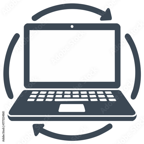 Laptop icon with rotating arrows around screen, data processing concept