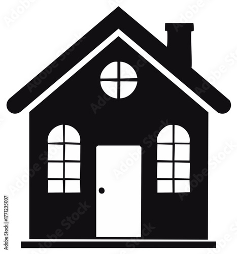 Simple black house silhouette icon with chimney door and windows vector graphic illustration