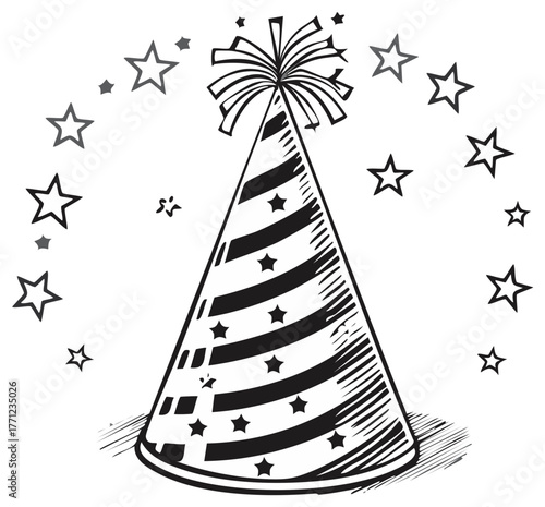 Black and white party hat with stars and ribbon confetti for celebration