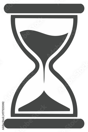 Modern minimalist hourglass icon with dark gray sand flowing in a clear glass timekeeping device