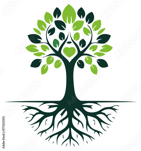 Tree Logo with Green Leaves, Heart Shape, and Roots Illustration