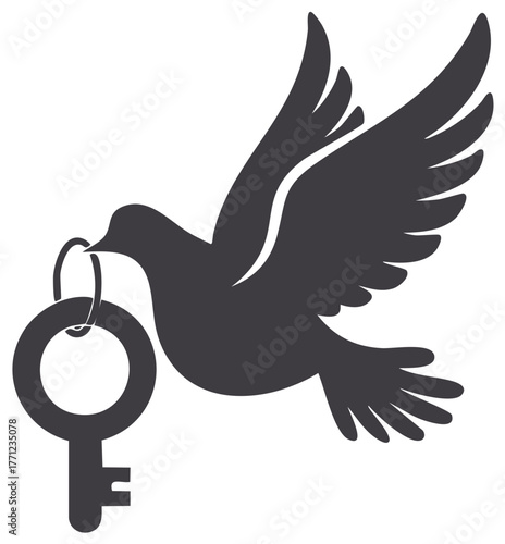 Flying dove holding a skeleton key symbol of peace freedom and solution
