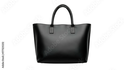 Sleek, smooth black leather tote bag stands prominently against a solid dark background