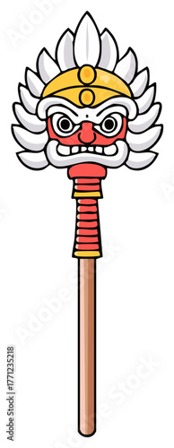 Cartoon illustration of a decorative traditional weapon with a face and floral elements on top.