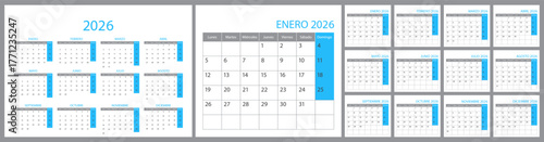 Spanish calendar and planner 2026 year, schedule month calender, organizer template background. Week starts on Monday. Business personal page for Spain. Modern simple dairy. Vector illustration
