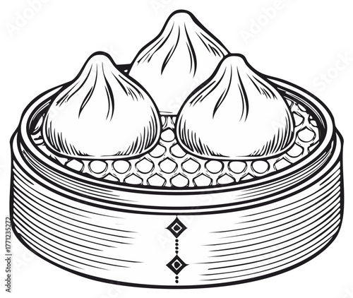 Three Dim Sum in Steamer Basket Illustration Vector Graphic Food Asian Cuisine