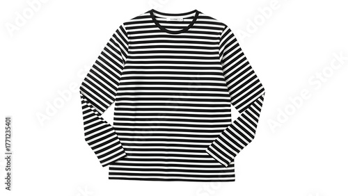 Long sleeve top featuring horizontal black and white stripes displayed against a dark background