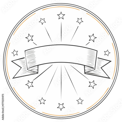 Decorative vintage style blank ribbon banner surrounded by stars in a hand drawn circular emblem