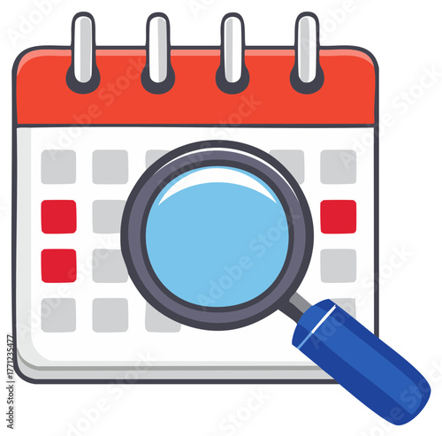 Calendar and magnifying glass depicting search for date appointment schedule organizer