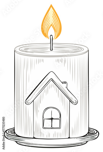 Burning candle with house design, flame with vibrant colors, vector illustration