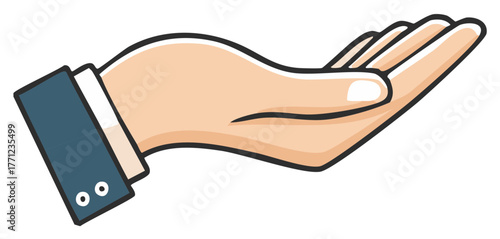 Cartoon business hand, palm up, gesturing to give, show, or receive.