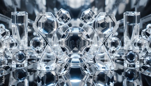 Intricate geometric crystal formations shimmering with cool light, evoking modern luxury and abstract artistry for sophisticated design.