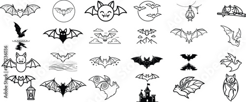 Collection of hand drawn stylized bat silhouettes and icons for halloween and spooky designs