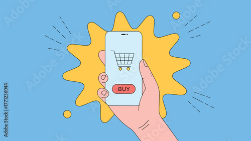 Hand holding smartphone with shopping cart and buy button