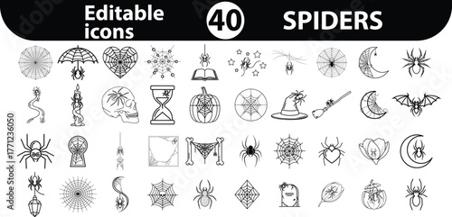Collection of forty editable outline icons representing different types of spiders and spider related objects
