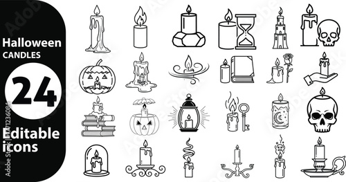 Collection of halloween themed candle icons with skulls and spooky elements for decoration and design
