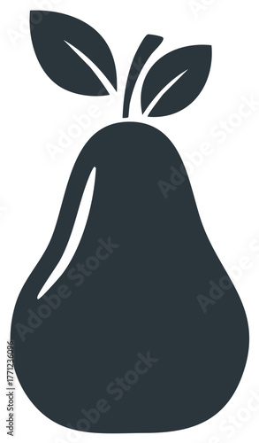 Dark pear illustration with green leaves, fruit, isolated on white background.