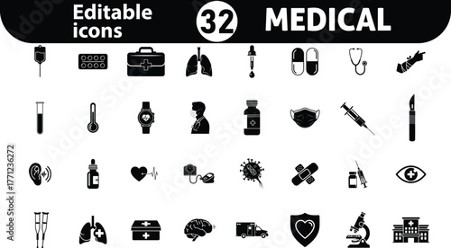 Collection of  editable medical icons in black and white for healthcare and science related designs