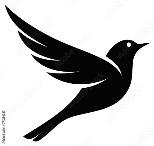 Elegant minimalist black bird silhouette flying with outstretched wings graphic design concept