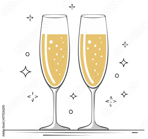 Two elegant champagne flutes filled with sparkling golden bubbly liquid and festive stars