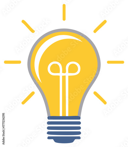 Bright yellow light bulb emitting light rays, symbolizing ideas and innovative solutions
