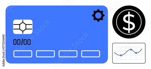Blue credit card with chip, settings gear, currency icon, and financial graph. Ideal for finance, banking, e-commerce, transactions, economic growth data management simple flat metaphor