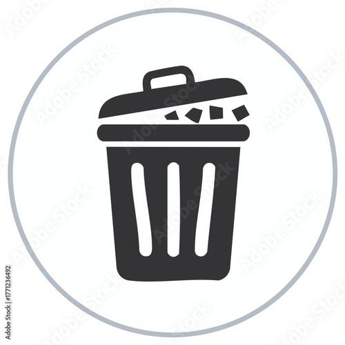 Circular black trash can icon with an open lid and refuse, symbolizing deletion and waste removal