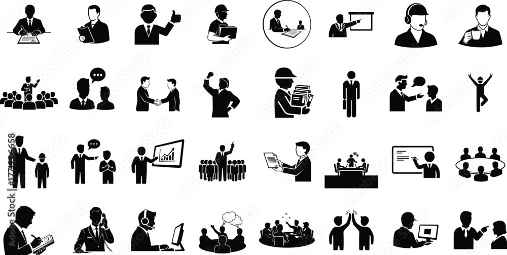 Fototapeta premium Collection of business and professional icons representing people in various work situations and activities
