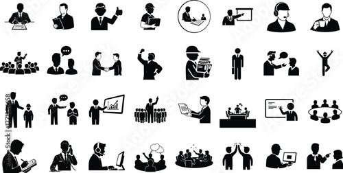 Collection of business and professional icons representing people in various work situations and activities