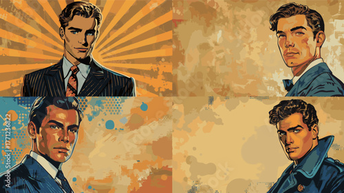 collage featuring four different retro-inspired male portraits in pop art style. Generative ai vector colorful isolated illustration on white background.