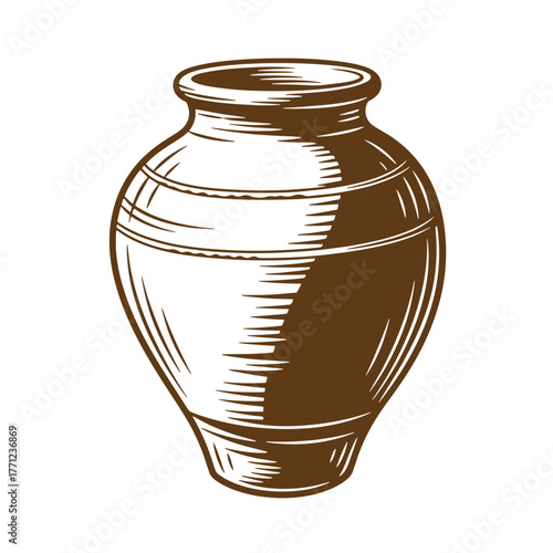 Classic illustration of a vintage art clay pottery vase in brown tone on white background