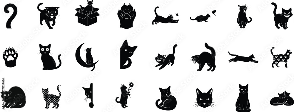 Fototapeta premium Collection of silhouetted black cats in various poses and activities on a white background