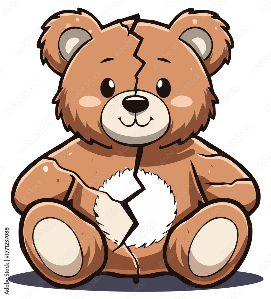 Fototapeta premium Adorable brown teddy bear toy with damaged cracked body and visible broken heart
