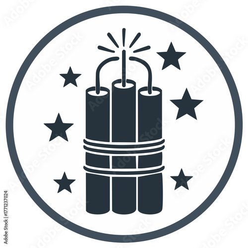 Lit bundle of dynamite sticks with sparking fuse and energetic stars inside a circular icon