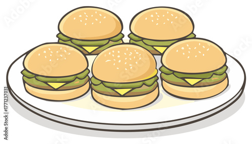 Five Small Burgers on a Plate Food Illustration with Sesame Seed Buns and Cheese