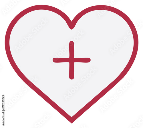 Simple red heart outline with a red plus sign in the center for medical or love concepts